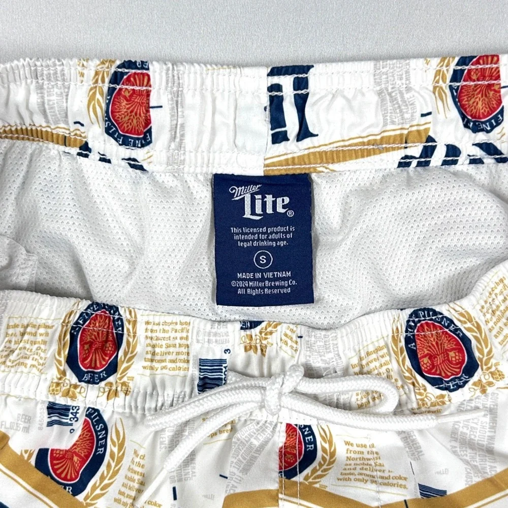 Miller Lite Beer Label Swim Trunks Men's Small White Logo Print Board Shorts